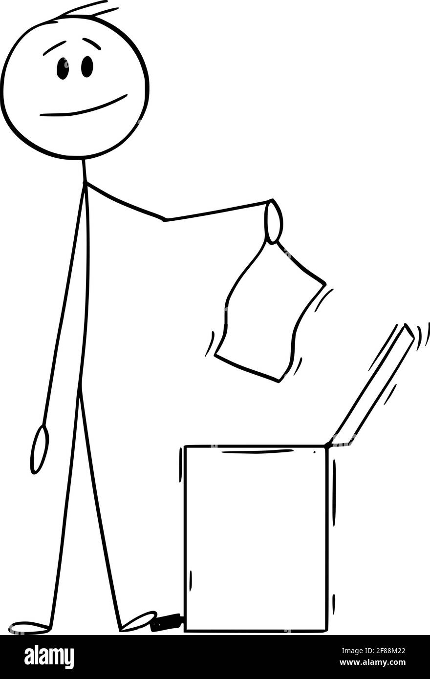 Uomo sorridente o uomo d'affari che getta pezzo di carta in cestino di spreco, illustrazione di figura del bastone di cartoon del vettore Illustrazione Vettoriale