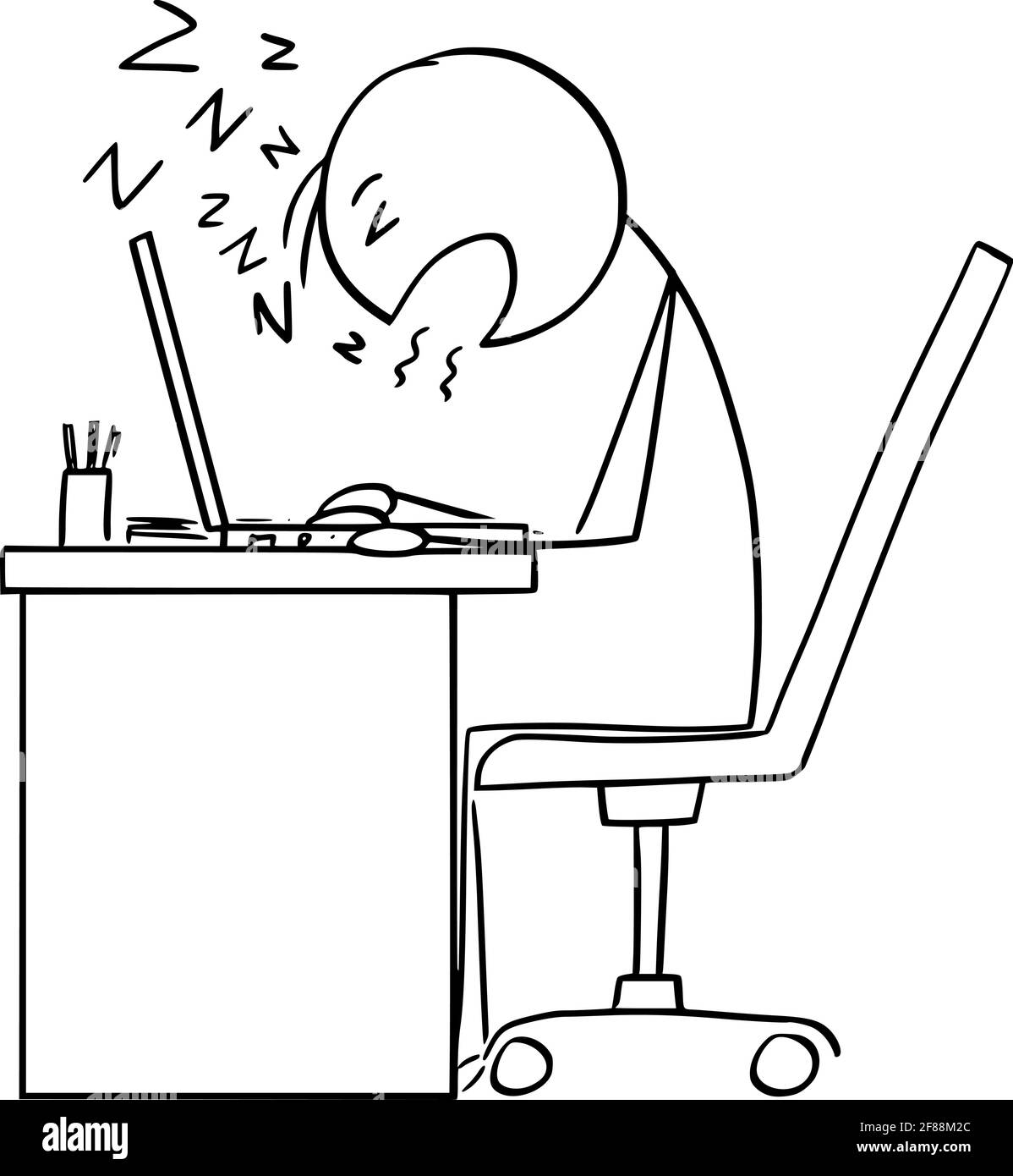 Lavoro in ufficio o uomo d'affari che dormendo mentre si lavora sul computer, Vector Cartoon Stick Figura Illustrazione Illustrazione Vettoriale
