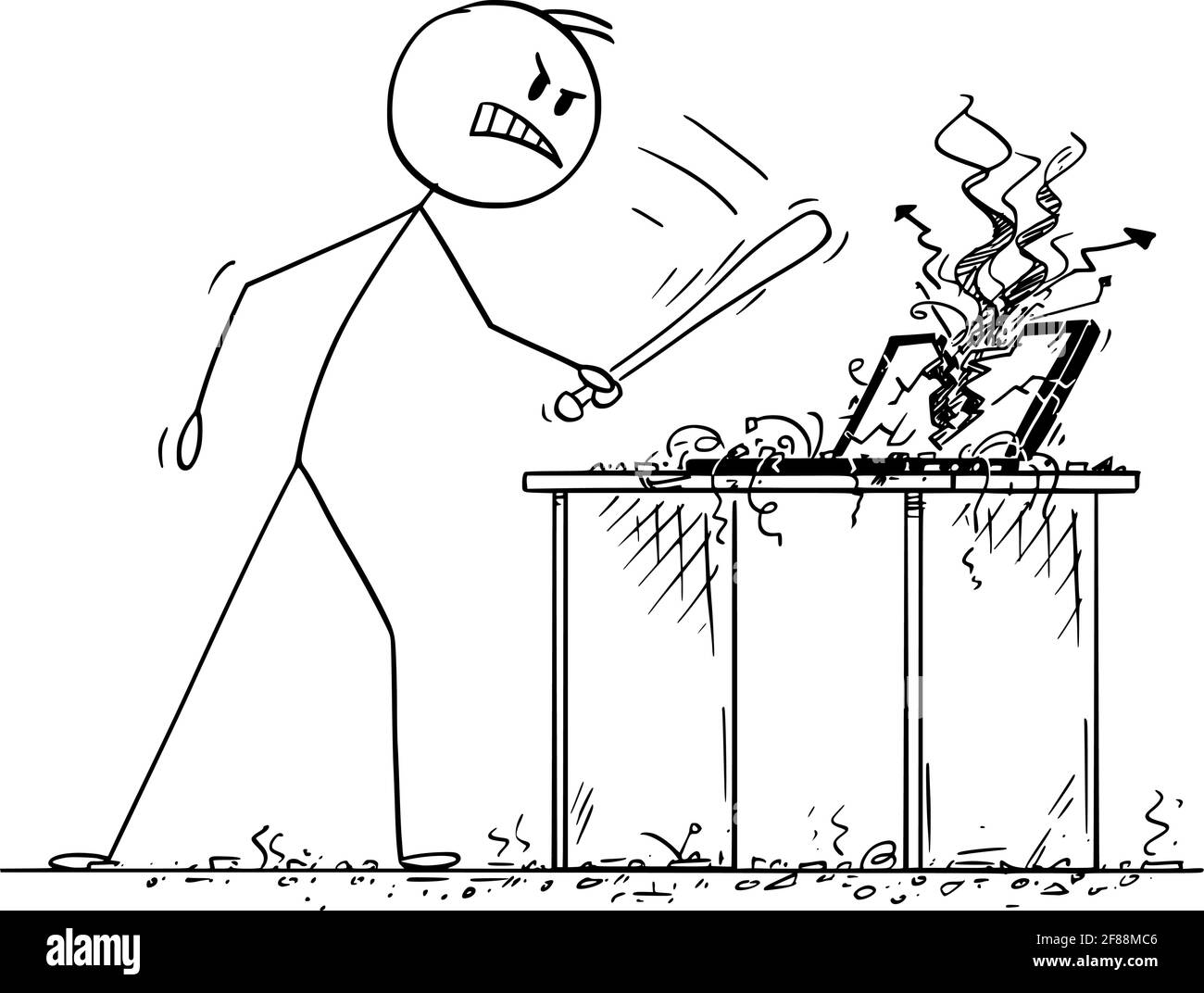 Arrabbiato uomo o uomo d'affari distrutto computer con Baseball Bat, Vector Cartoon Stick Figura Illustrazione Illustrazione Vettoriale