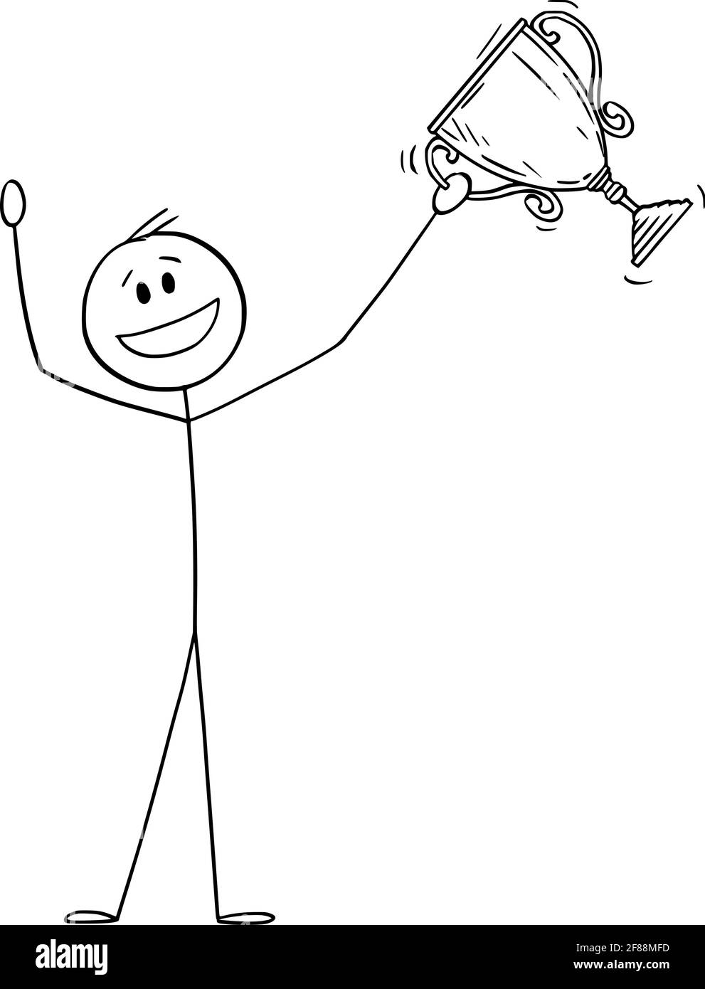 Vincitore uomo o uomo d'affari che festeggia la Coppa della Vittoria, illustrazione della figura del bastone di cartoon di Vector Illustrazione Vettoriale