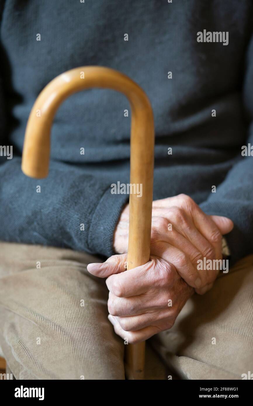 Le mani del vecchio uomo che tengono il bastone di legno che cammina Foto Stock