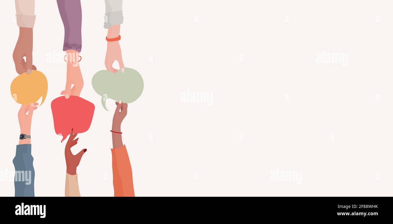 Accordo o affare tra un gruppo di colleghi o collaboratori.diversità persone che scambiano informazioni.armi e mani tenere bolla del discorso. Illustrazione Vettoriale
