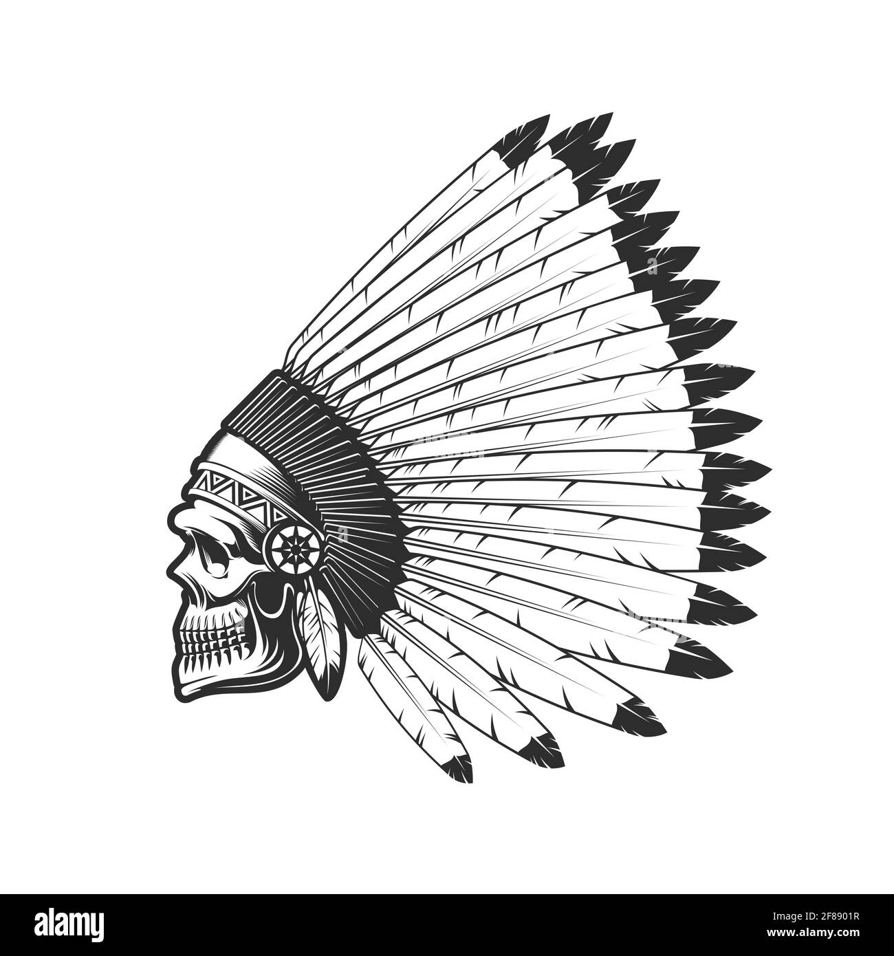 Capo tatuaggio indiano del cranio, capo guerriero nativo americano in cappello headdress della piuma. Native American Indian Apache o Cherokee tribù capo cranio in pluma Illustrazione Vettoriale