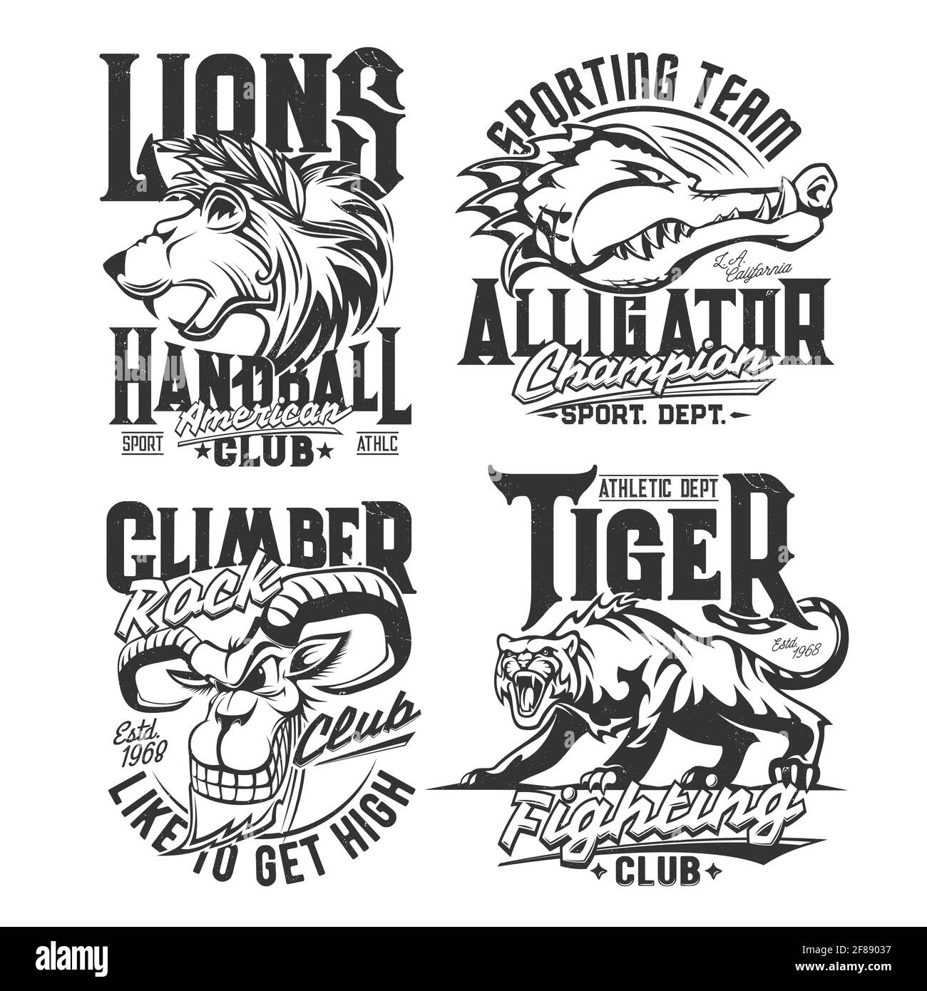 Stampe T-shirt con mascotte vettoriali di capra di montagna, alligatore, leone e tigre. Teste di animali selvaggi e ruggiti per i simboli dei club di combattimento e sport. Illustrazione Vettoriale