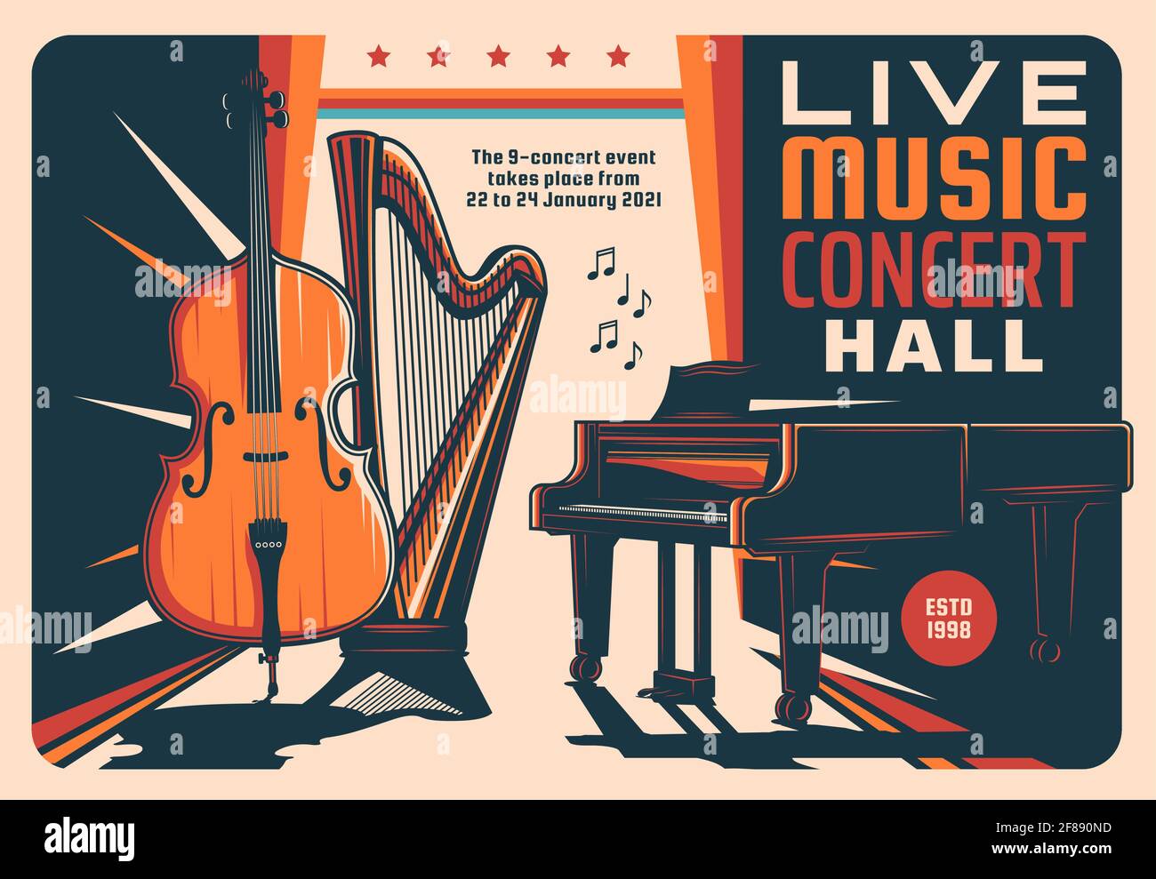 Musica dal vivo sala concerti retro vettore flyer con violino, arpa, pianoforte e note. Orchestra sinfonica o jazz band spettacolo di musica dal vivo. Inv. Prestazioni Illustrazione Vettoriale