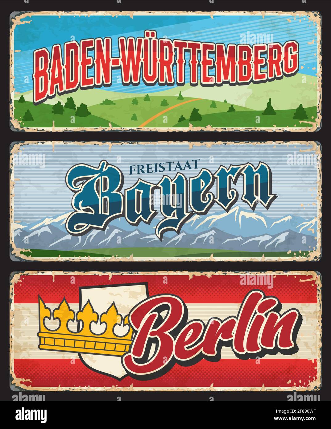 Berlino, Bayern e Baden Wurttemberg Germania terre metallo lastre, vettore retro stagno segni. Tedesco dichiara arrugginito metallo piatti con città motto taglin Illustrazione Vettoriale