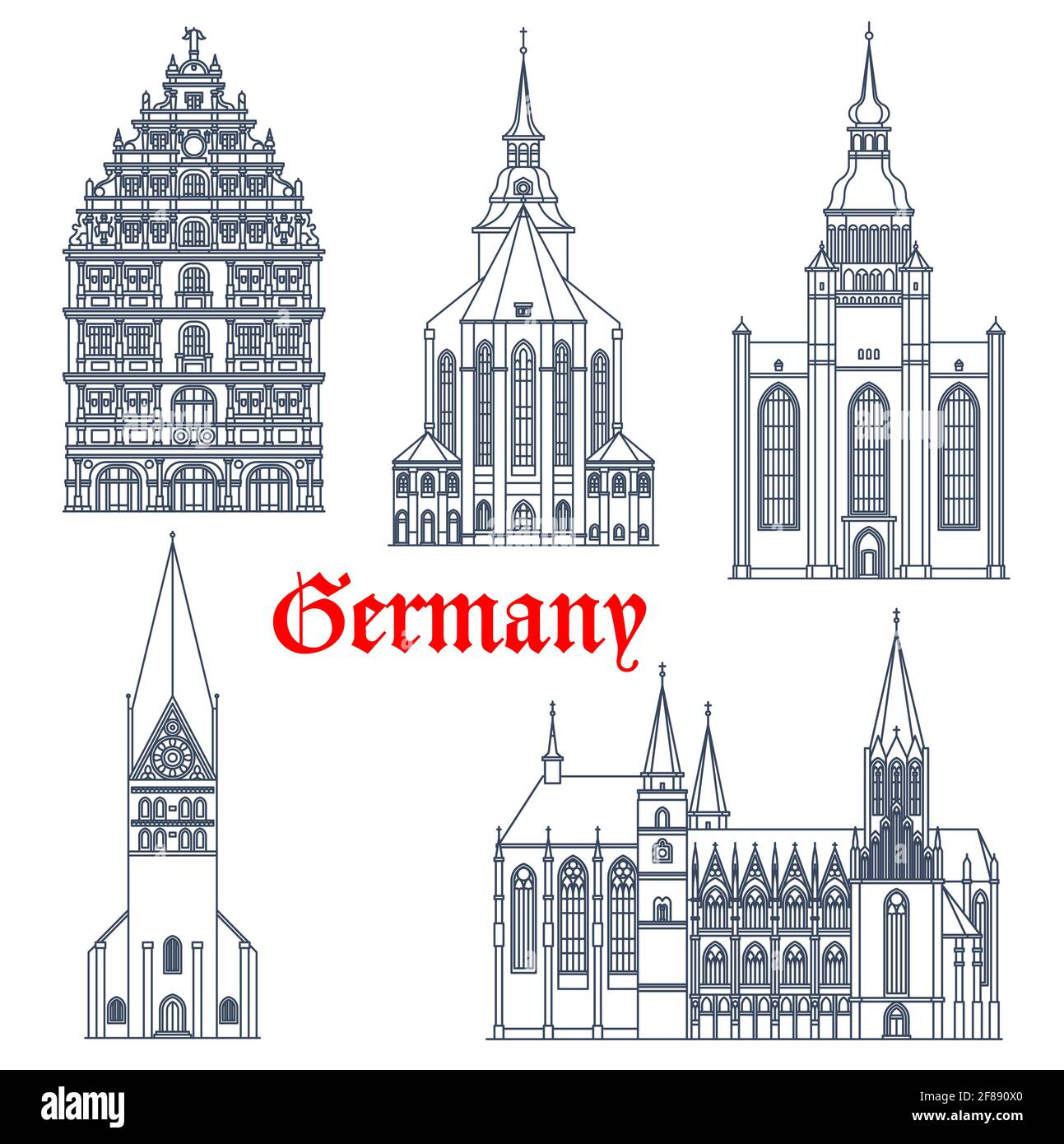 Germania simbolo edifici architettura, icone vettoriali di chiese gotiche e cattedrali. Germania punto di riferimento della chiesa di San Michele e Giovanni Luneburg, Oppe Illustrazione Vettoriale