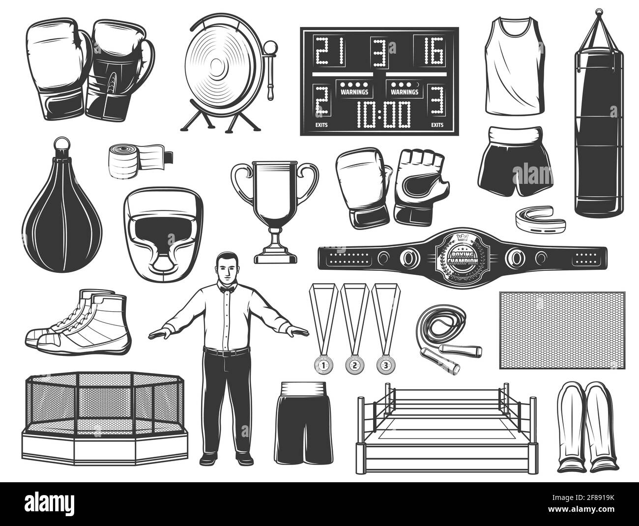 Boxe, mma e kickboxing sport vettoriali icone. Guanti Boxer, borse da punzonatura, anelli e cintura da campionato, casco e pantaloncini, Jersey e scarpe, bocca GU Illustrazione Vettoriale