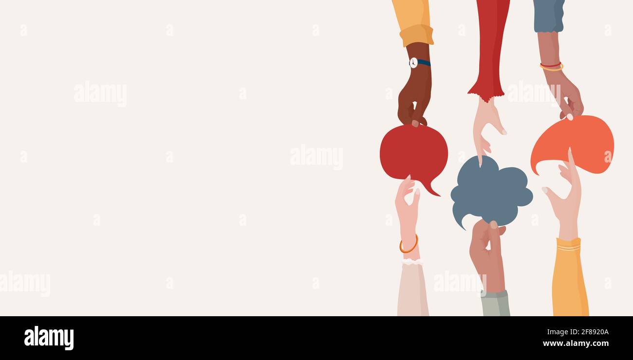 Accordo o affare tra un gruppo di colleghi o collaboratori.diversità persone che scambiano informazioni.armi e mani tenere bolla del discorso. Illustrazione Vettoriale