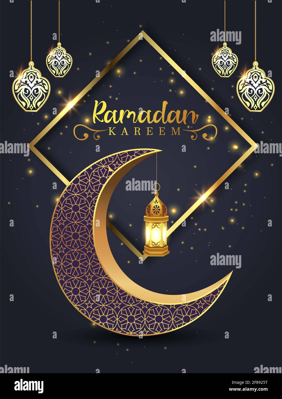 ramadan kareem saluti. sfondo nero e oro. disegno di illustrazione vettoriale Foto Stock