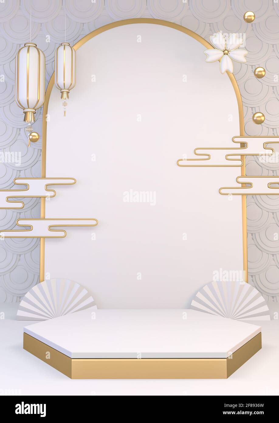 Verticale mock up bianco Podium giapponese rendering geometrico minimo .3D Foto Stock