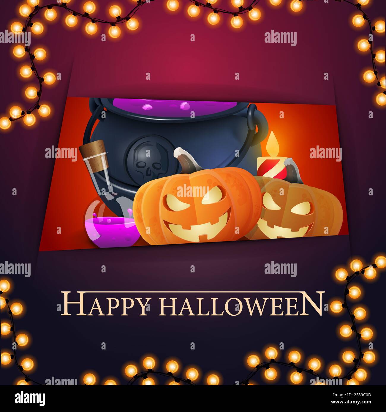 Happy Halloween, cartolina di benvenuto viola quadrata con un buco che ci guarda il calderone della strega e Jack della zucca. Foto Stock