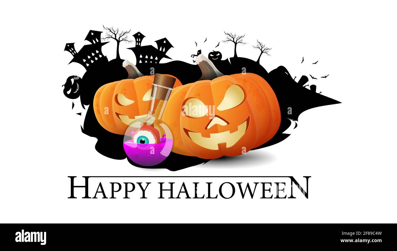 Happy Halloween, banner per la tua creatività isolato su sfondo bianco. Logo con silhouette di città e grandi zucche Foto Stock