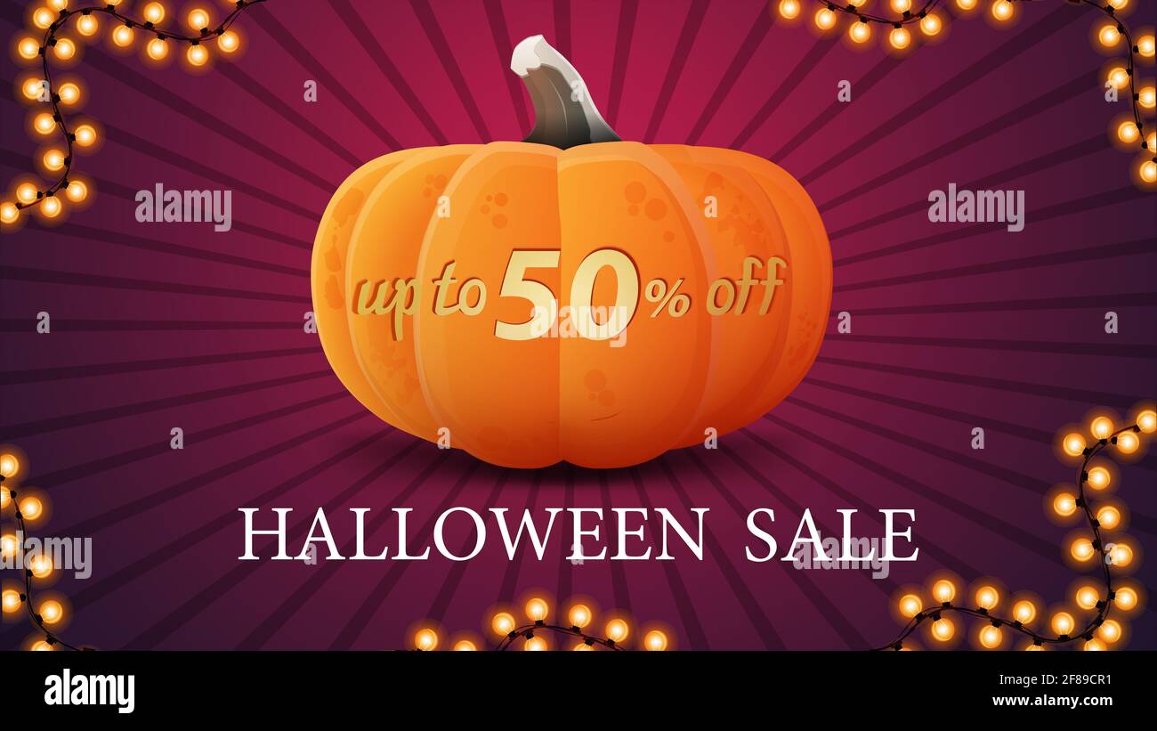 Vendita di Halloween, fino a 50 di sconto, banner moderno con grande zucca di Halloween che taglia fino a 50 di sconto Foto Stock