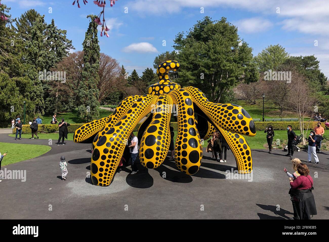 Bronx, Stati Uniti. 10 Apr 2021. 'Dancing Pumpkin' (2020) è una delle opere DI KUSAMA: Cosmic Nature mostra dell'artista giapponese Yayoi Kusama in mostra presso il New York Botanical Garden del Bronx, New York, il 10 aprile 2021. La mostra si svolge dal 10 aprile al 31 ottobre 2021. (Foto di Samuel Rigelhaupt/Sipa USA) Credit: Sipa USA/Alamy Live News Foto Stock
