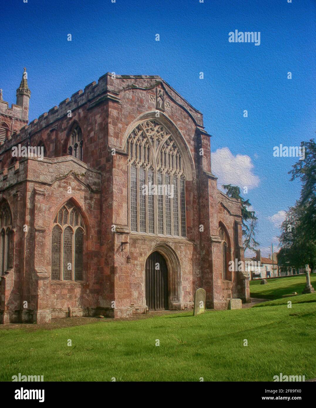 Crediton, Devon, UK- Chiesa parrocchiale costruita nel 15 ° secolo, mattoni in stile gotico normanno con una grande finestra frontale ad arco. Effetto di pittura aggiunto Foto Stock