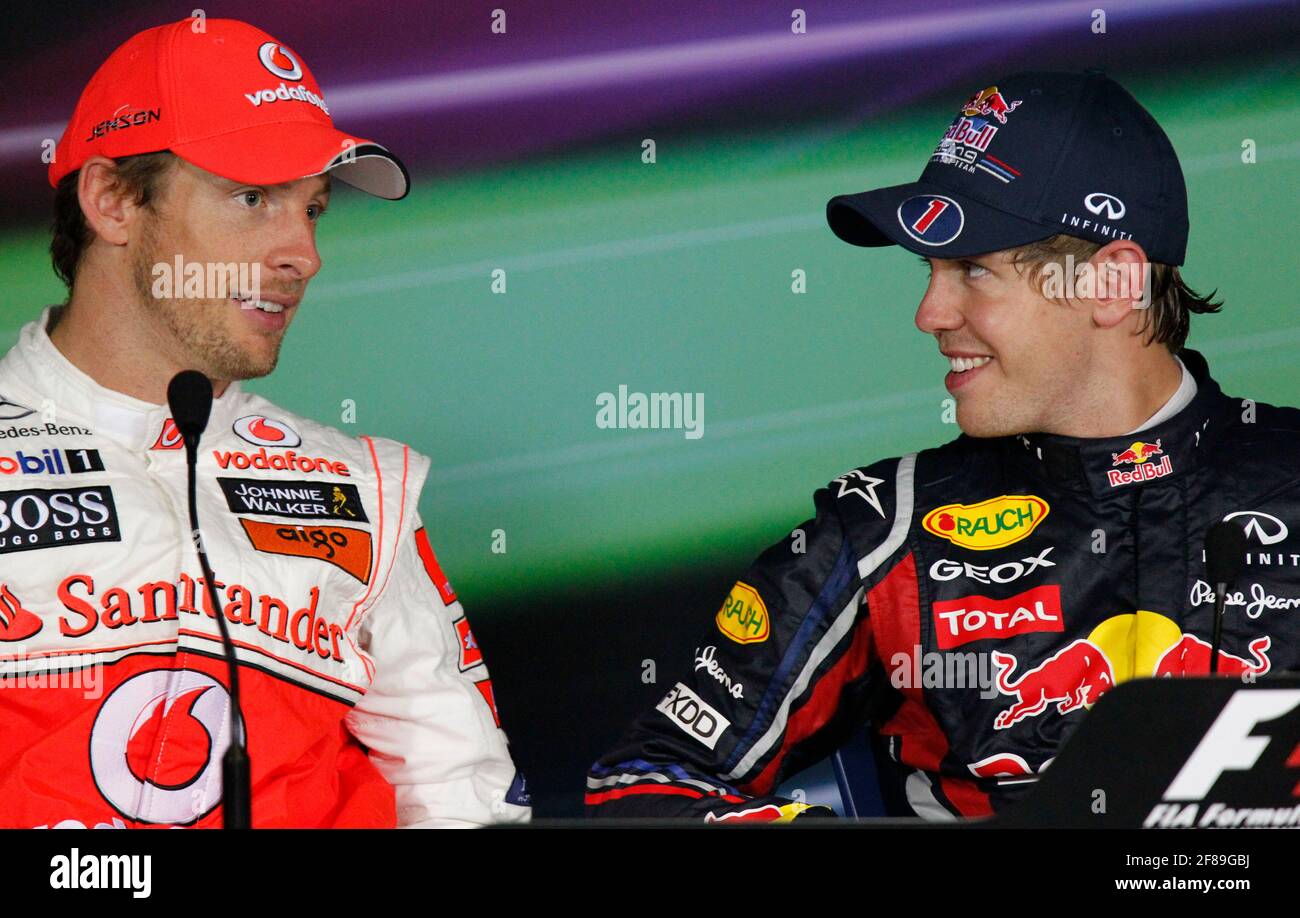 Monza, Italia - 11 settembre 2011: Campionato del mondo di Formula uno FIA F1 con Sebastian Vettel, Red Bull Racing e Jenson Button, Vodafone McLaren Mercedes alla conferenza stampa. Motorsport | utilizzo in tutto il mondo Foto Stock
