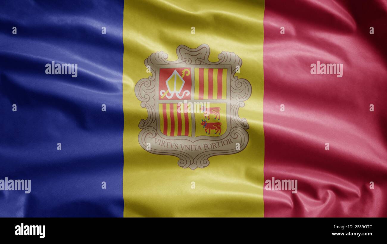 Bandiera di Andorra che sventola nel vento. Primo piano di Andorra banner soffiaggio, seta morbida e liscia. Tessuto tessuto tessuto tessitura segno sfondo Foto Stock