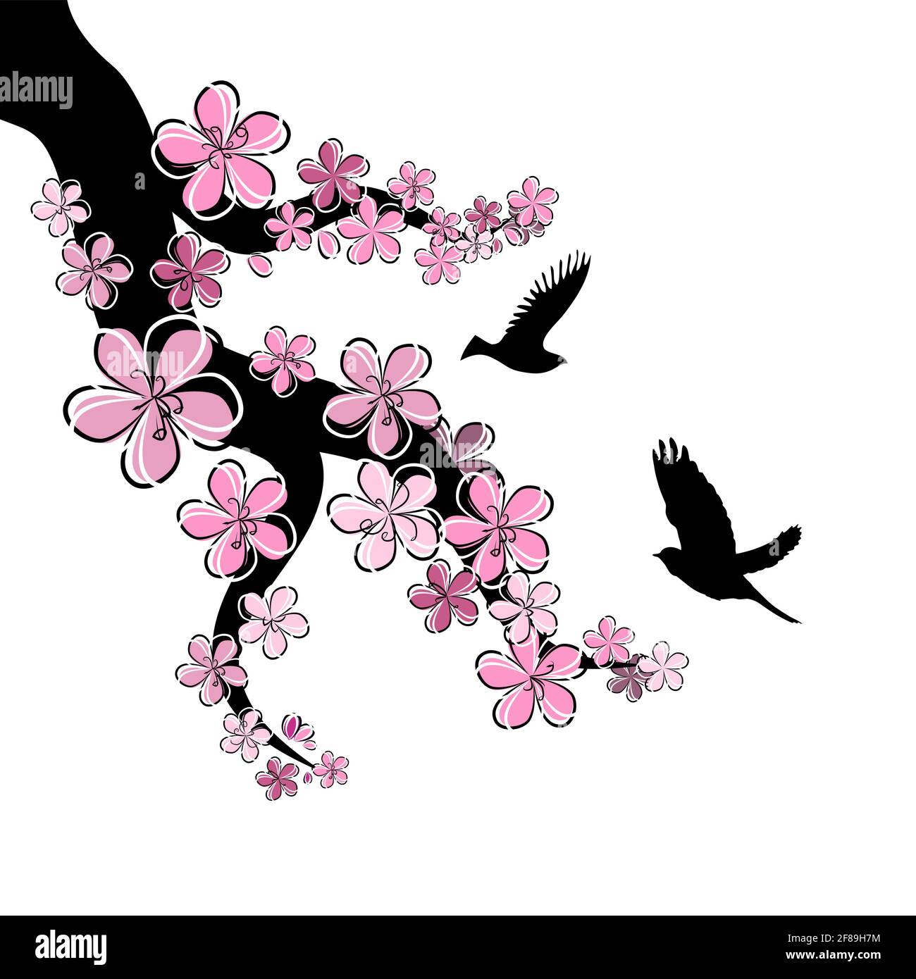 Un ramo di sakura con petali che cadono con uccelli volanti . Illustrazione vettoriale Illustrazione Vettoriale