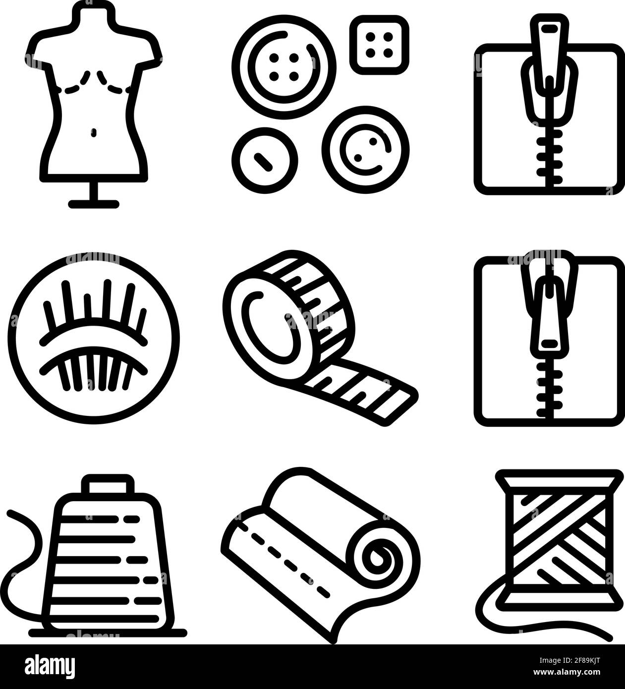 Set di icone relative alla cucitura. Strumenti per cucire e per agugliare pittogramma vettoriale con tratto modificabile, moderni simboli di contorno, isolati su sfondo bianco. Illustrazione Vettoriale