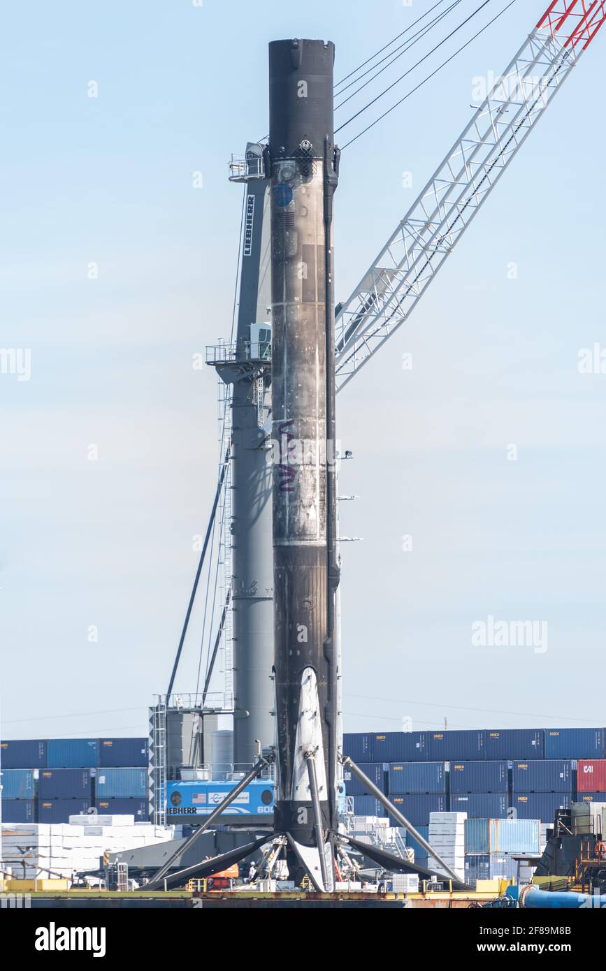 SpaceX Falcon 9 Booster a Port Canaveral, Florida Foto Stock