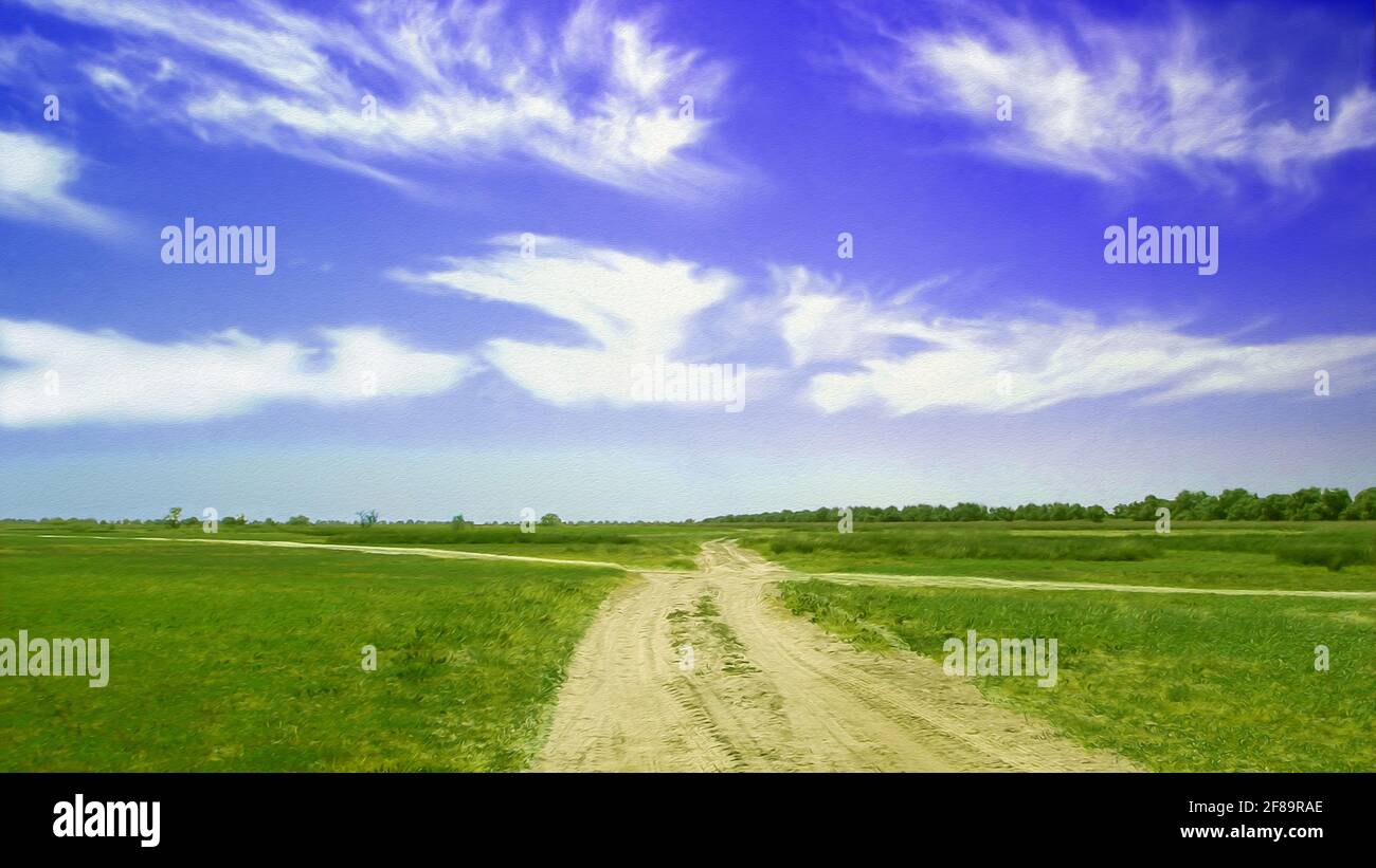 Strada rurale di sabbia tra praterie steppe, bel paesaggio nuvoloso sopra prato, artistico modello strutturato Foto Stock