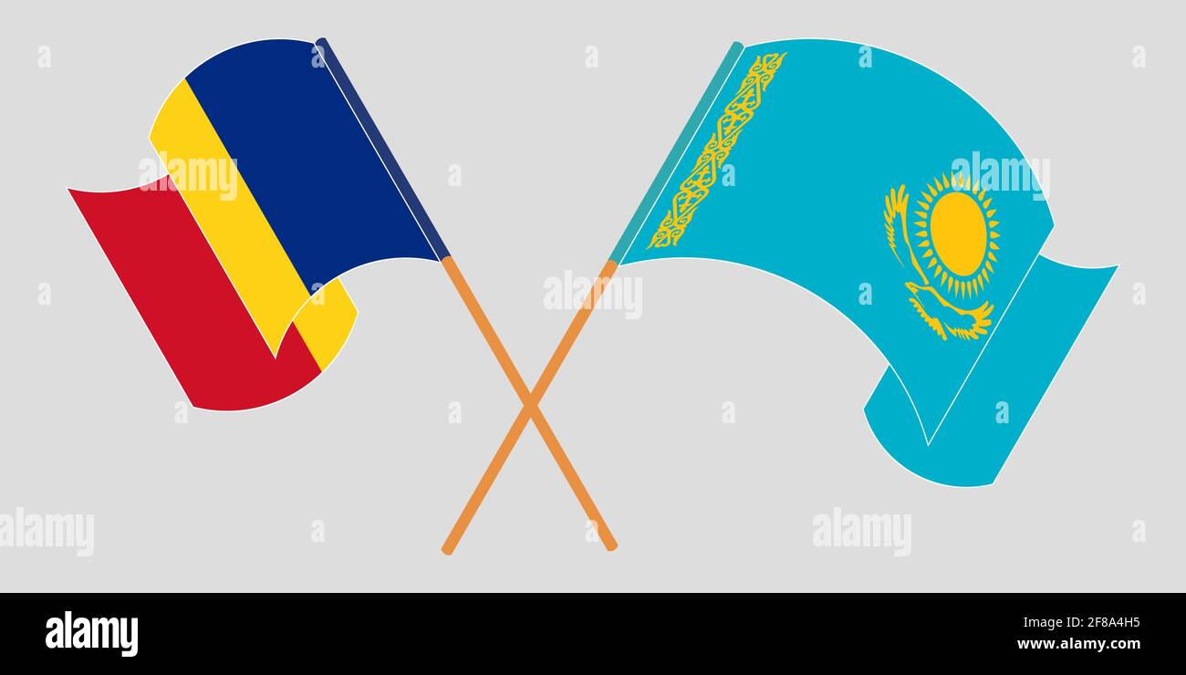 Bandiere incrociate e sventolanti del Kazakistan e della Romania. Illustrazione vettoriale Illustrazione Vettoriale