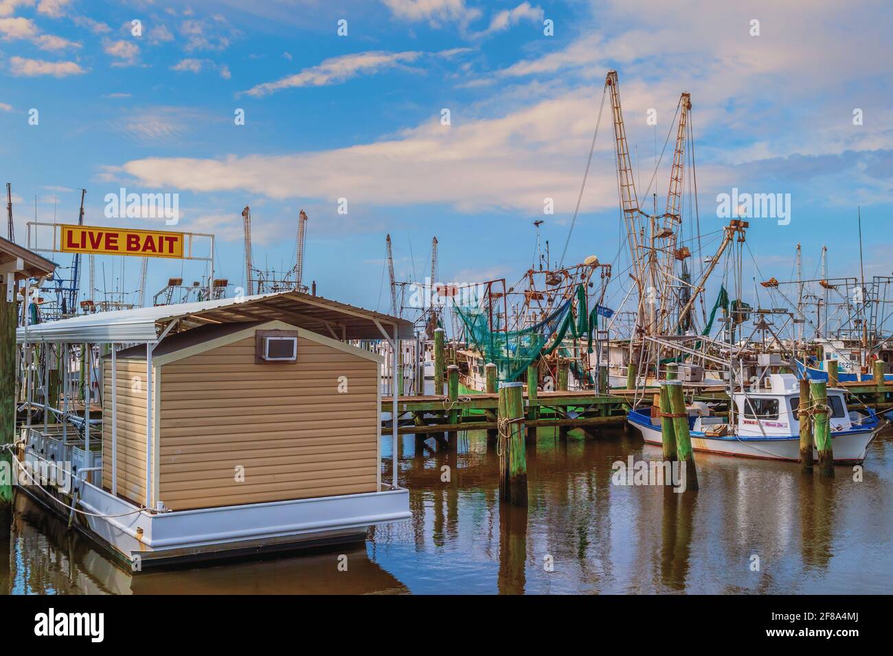 Shrimp Boats e Live Bait Shop a Pass Christian Harbour, Mississippi Gulf Coast, USA. Foto Stock