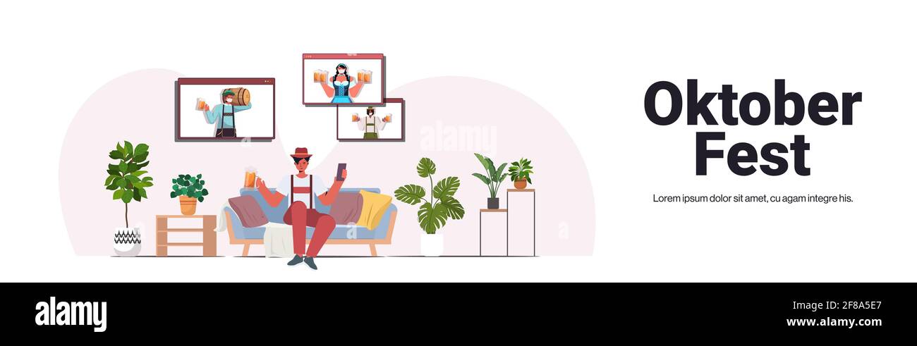 Uomo bere birra discutere con gli amici durante la videochiamata Oktoberfest festa celebrazione quarantena coronavirus Illustrazione Vettoriale