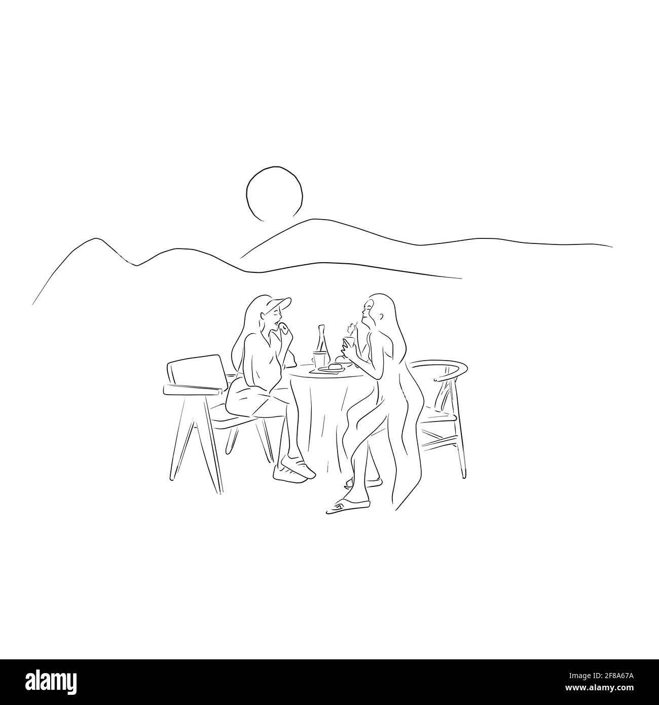 mano disegnata due giovani donne graziose sono seduti in natura vettore di illustrazione Illustrazione Vettoriale