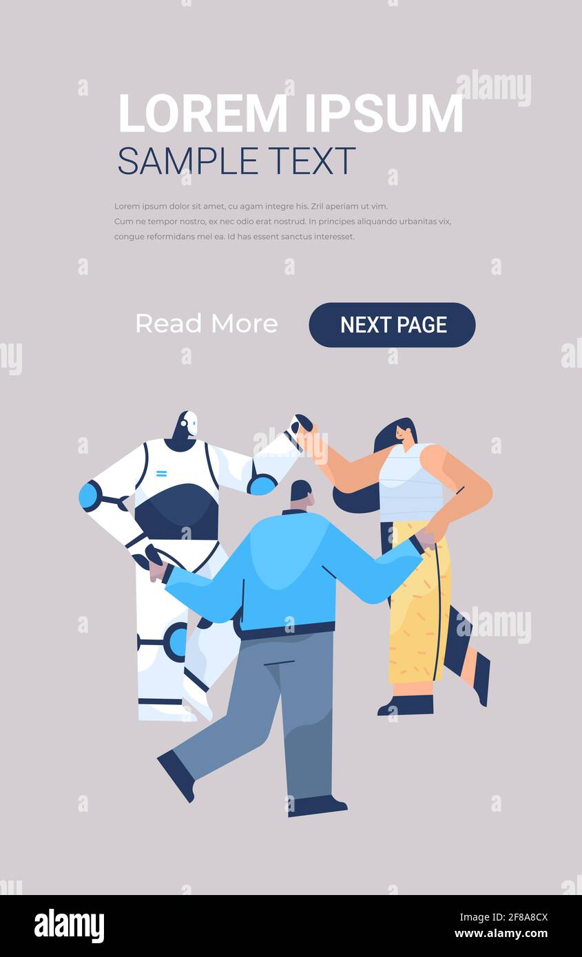 robot moderno con uomini d'affari che tengono le mani in piedi insieme in fila unità lavoro di squadra intelligenza artificiale Illustrazione Vettoriale