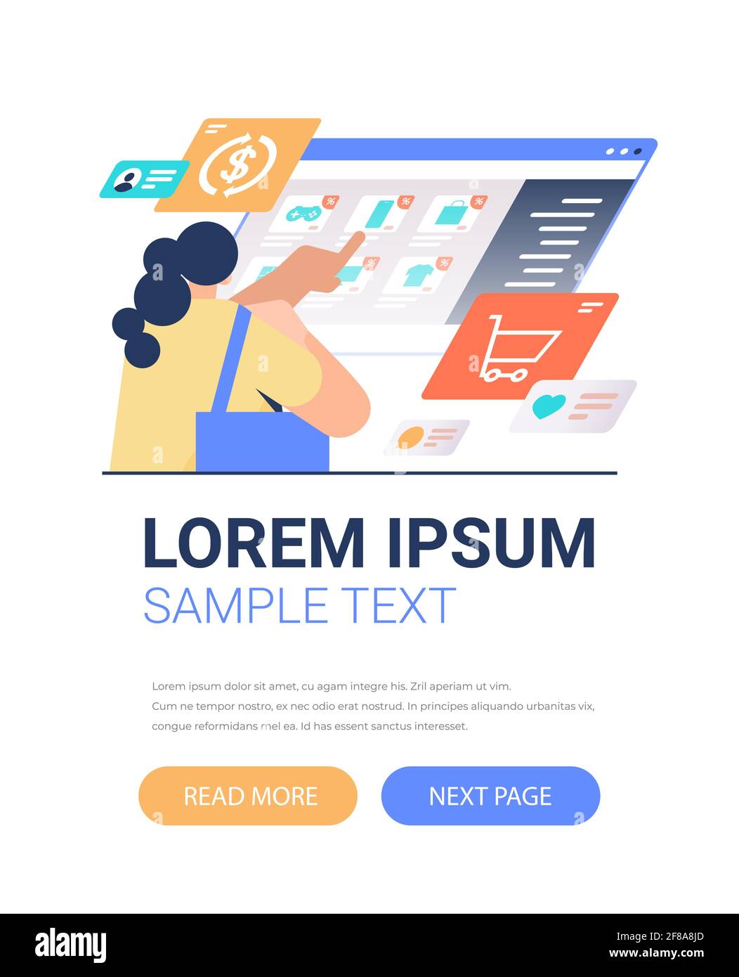 donna che sceglie gli articoli su schermo virtuale concetto di shopping online verticale verticale Illustrazione Vettoriale