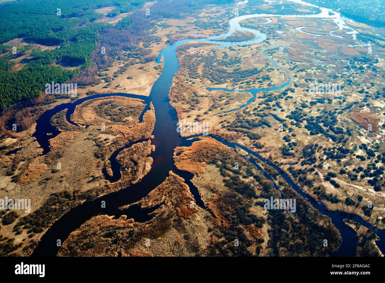 Vista aerea del drone del fiume in valle. Paesaggio naturale Foto Stock