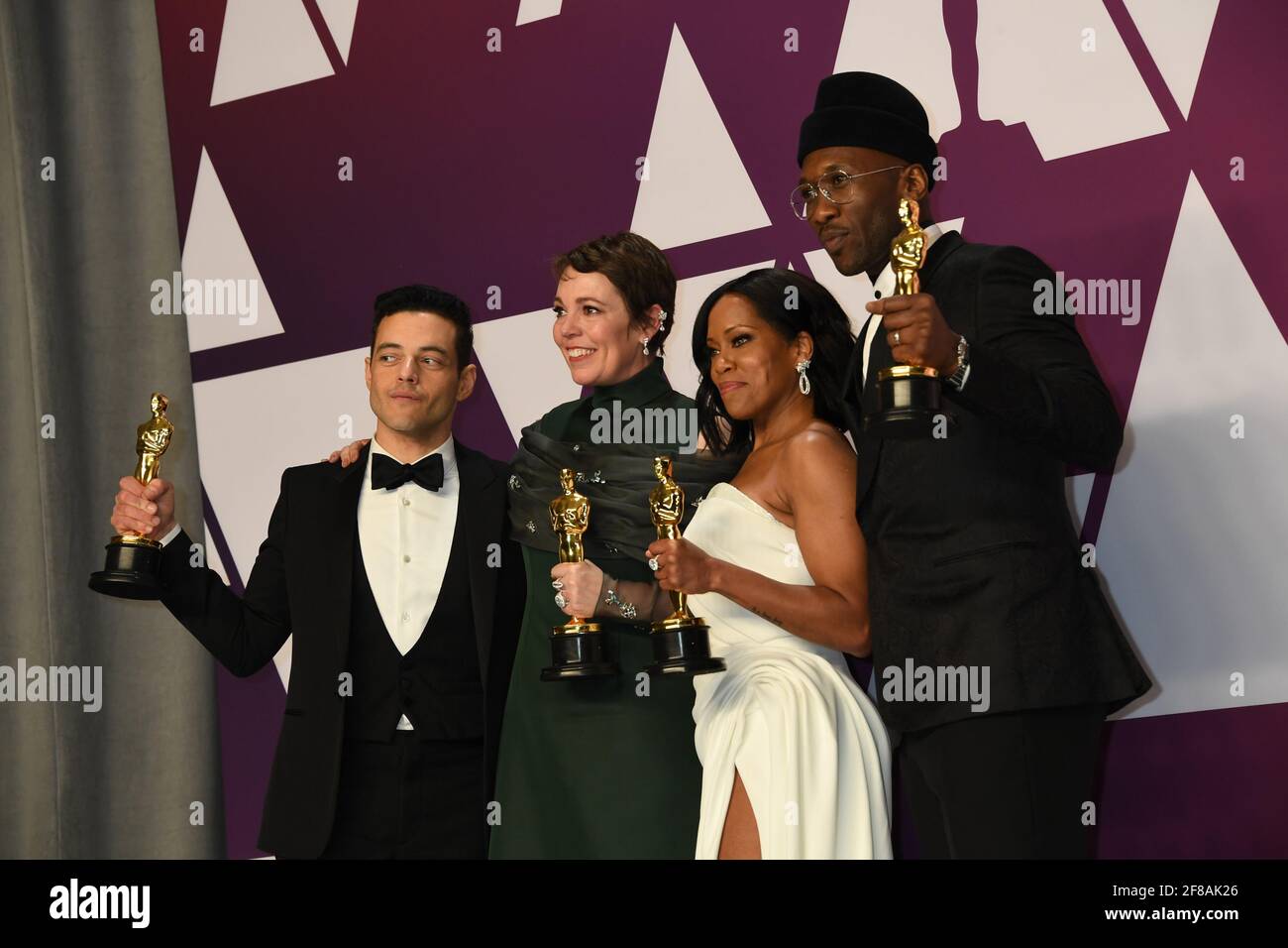 Oscar Winners Rami Malek, Olivia Coleman, Mahershala Ali, Regina King in the Press Room durante il 91st annuale Academy Awards, Oscar, tenuto al Dolby Theatre di Hollywood, California, Domenica, 24 Febbraio 2019 Foto di Jennifer Graylock-Graylock.com 917-519-7666 Foto Stock