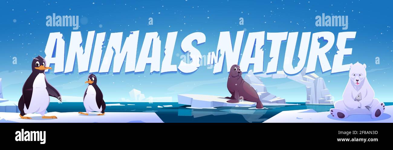 Animali in natura cartoni animati. Pinguini selvatici, orso polare e foca siedono su galleggianti di ghiaccio in mare. Antartide o abitanti del Polo Nord in zona esterna, oceano. Bestie in fauna vettore pagina web o intestazione Illustrazione Vettoriale