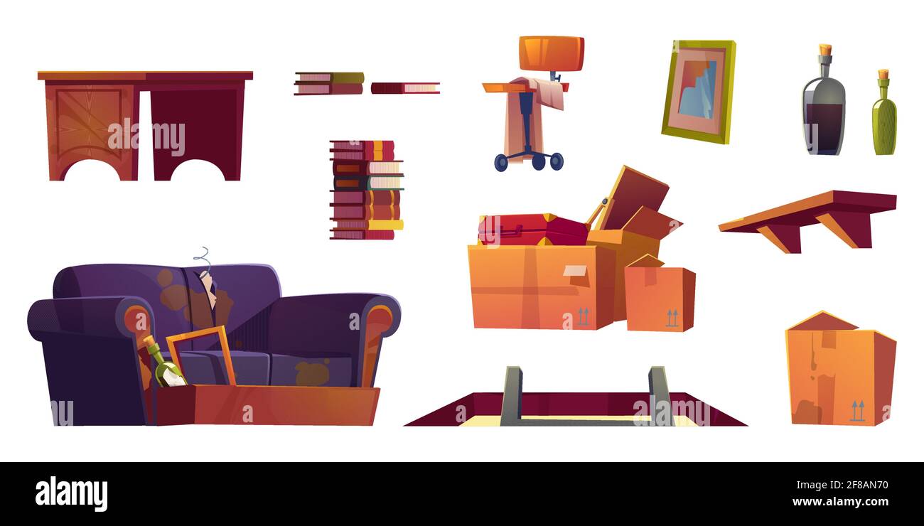 Vecchi mobili conservati in soffitta casa. Portello con scala, ripiano in legno, divano con tappezzeria strappata e scatole di cartone sporche con spazzatura. Set di cartoni animati vettoriali con sedia, pila di libri, tavolo e cornice rotta Illustrazione Vettoriale