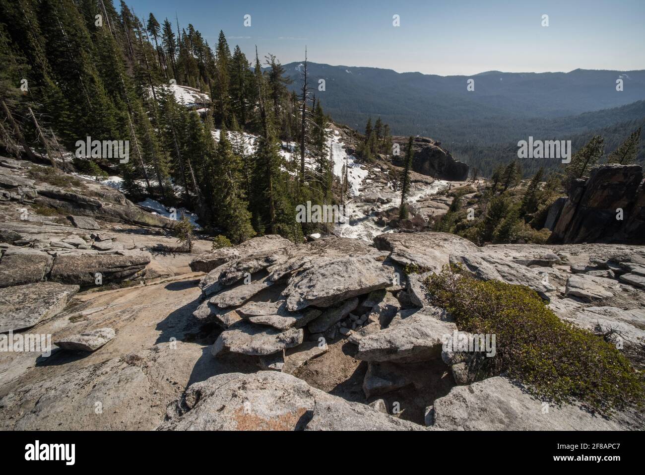 Un'ampia vista sulla natura incontaminata e la foresta nelle montagne della Sierra Nevada del Parco Nazionale di Yosemite, California. Foto Stock