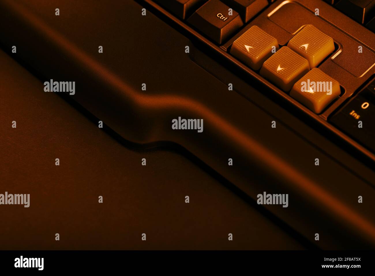 Tastiera per computer di gioco su sfondo scuro. Pulsanti su e giù sulla tastiera di un computer. Foto Stock