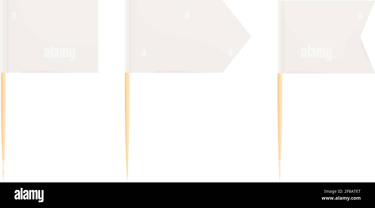 Toothpick bandiera in legno miniatura in cartoon stile piatto isolato su sfondo bianco, Toothpick bandiera rettangolo vuoto, icona. Per mini asta puntatrice messa Illustrazione Vettoriale