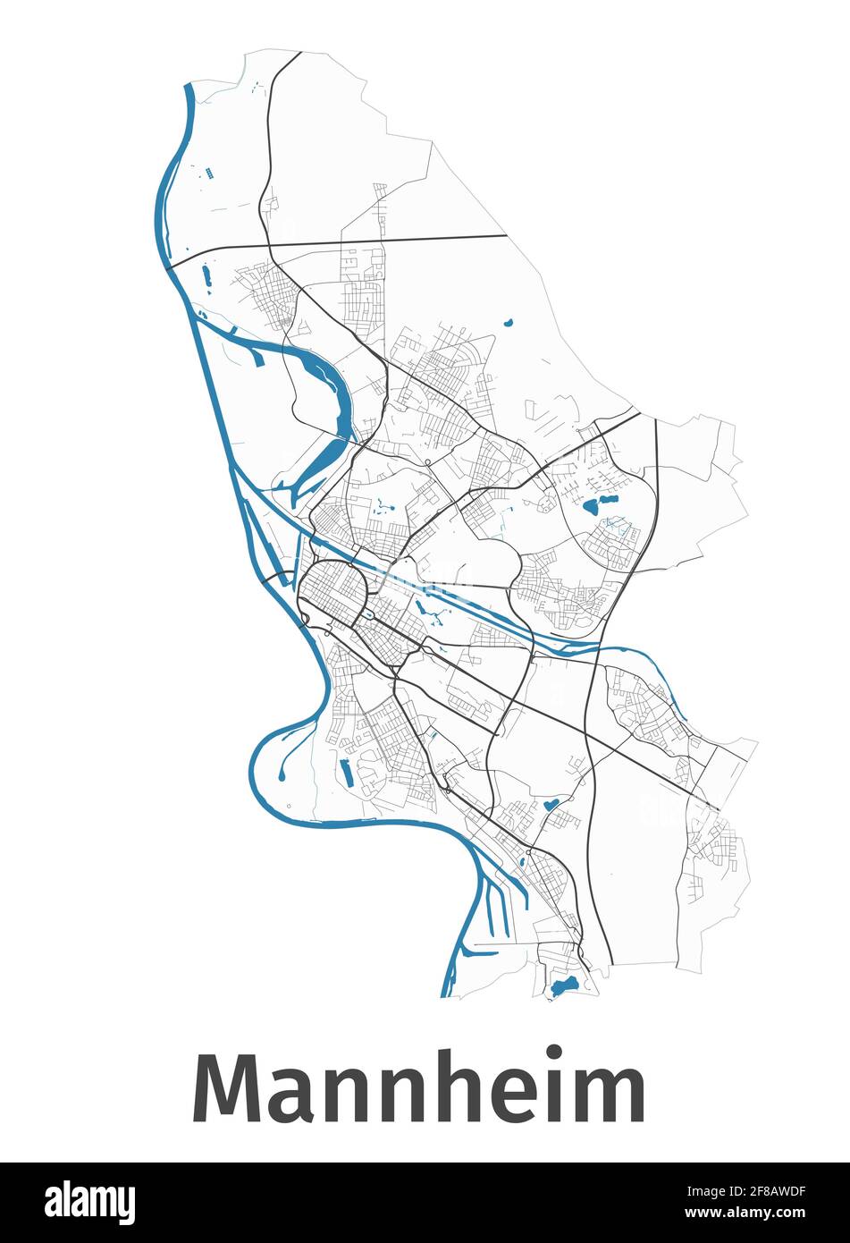 Mappa di Mannheim. Mappa dettagliata dell'area amministrativa della città di Mannheim. Panorama cittadino. Illustrazione vettoriale priva di royalty. Mappa con autostrade, stre Illustrazione Vettoriale
