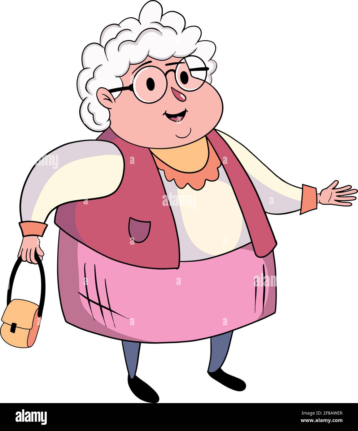 Divertente illustrazione di vecchia nonna con una borsa su sfondo bianco. Illustrazione Vettoriale