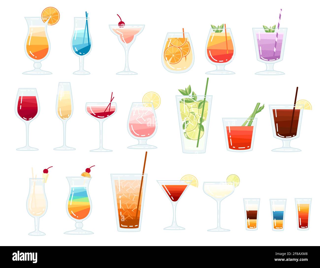 Grande collezione di cocktail tropicali esotici alcolici e non alcolici illustrazione vettoriale su sfondo bianco Illustrazione Vettoriale