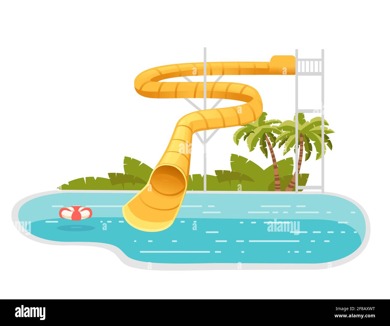 Illustrazione del parco acquatico con scivoli a vite in plastica colorata e piscina con immagine vettoriale dell'albero di palma sullo sfondo bianco Illustrazione Vettoriale