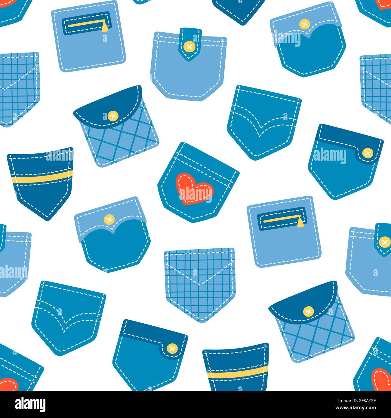 Motivo senza cuciture con tasche in denim trafilate a mano. Illustrazione vettoriale cartoon Illustrazione Vettoriale