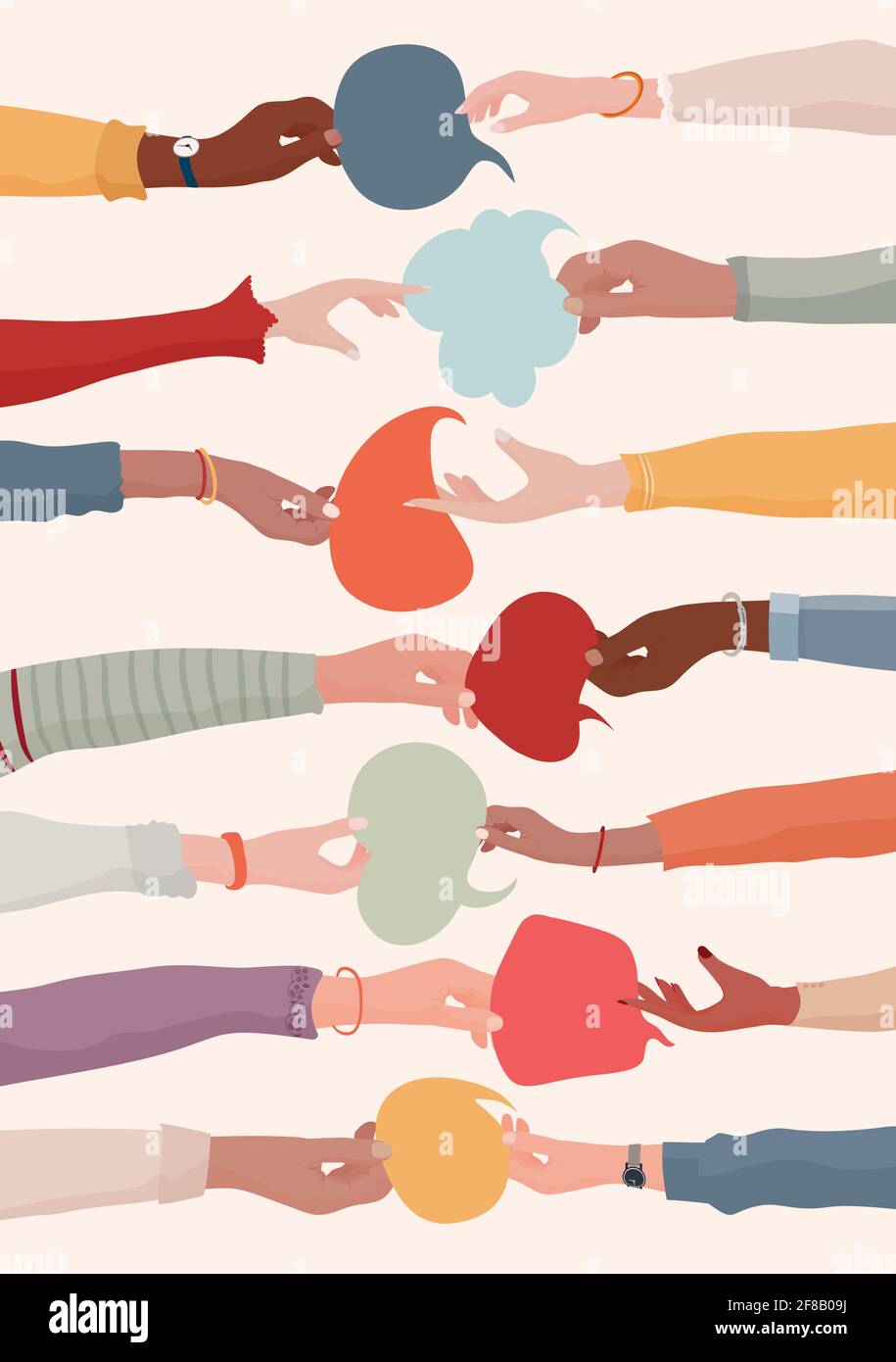 Braccia e mani che tengono la bolla del parlato. Accordo o affare tra un gruppo di colleghi o collaboratori. Diversità persone che si scambiano informazioni. Illustrazione Vettoriale