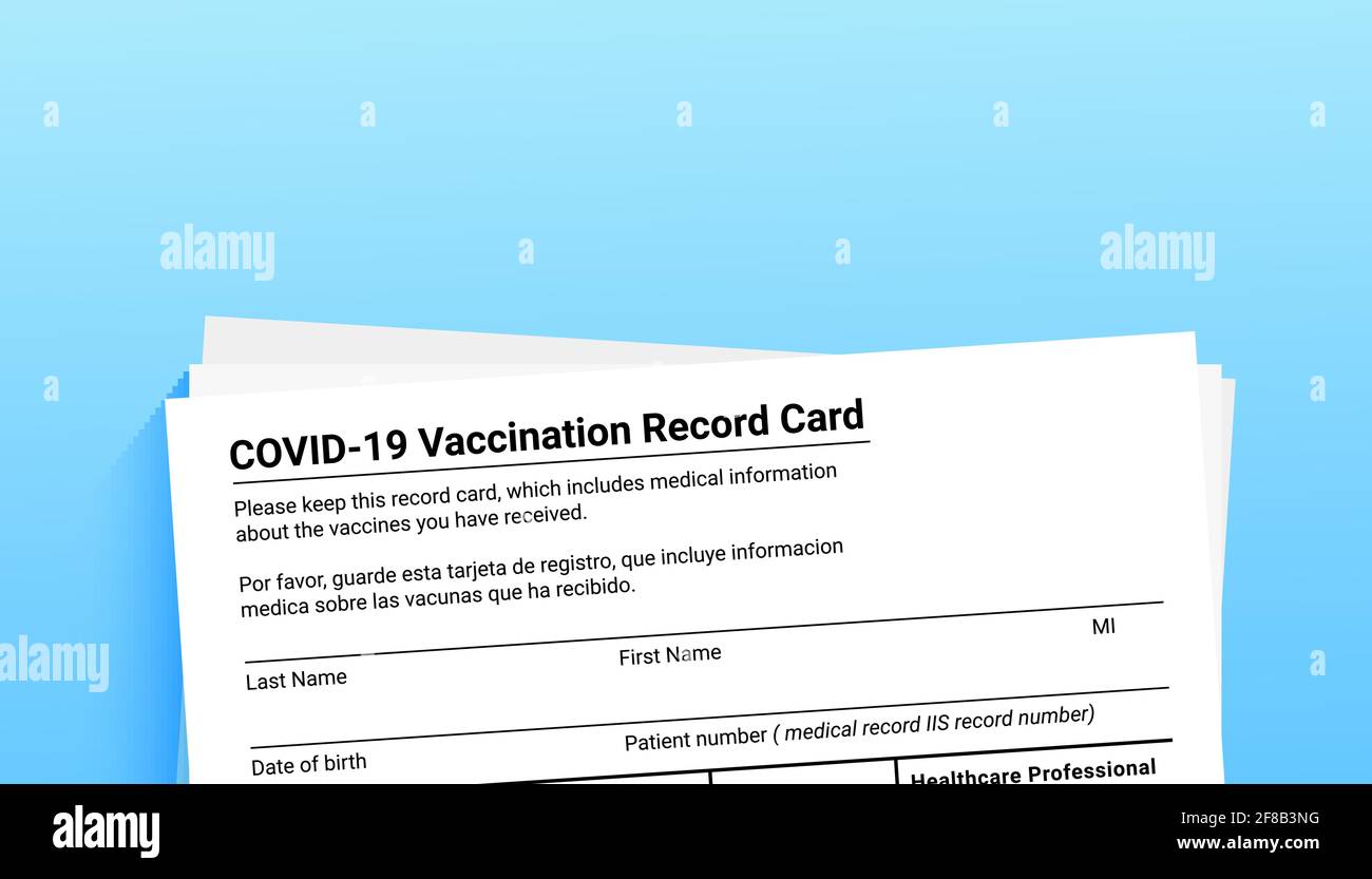 Scheda di registrazione della vaccinazione con coronavirus su sfondo blu con spazio di copia per viaggi e movimenti senza frontiere. Forma di vaccinazione durante il coronavi Illustrazione Vettoriale