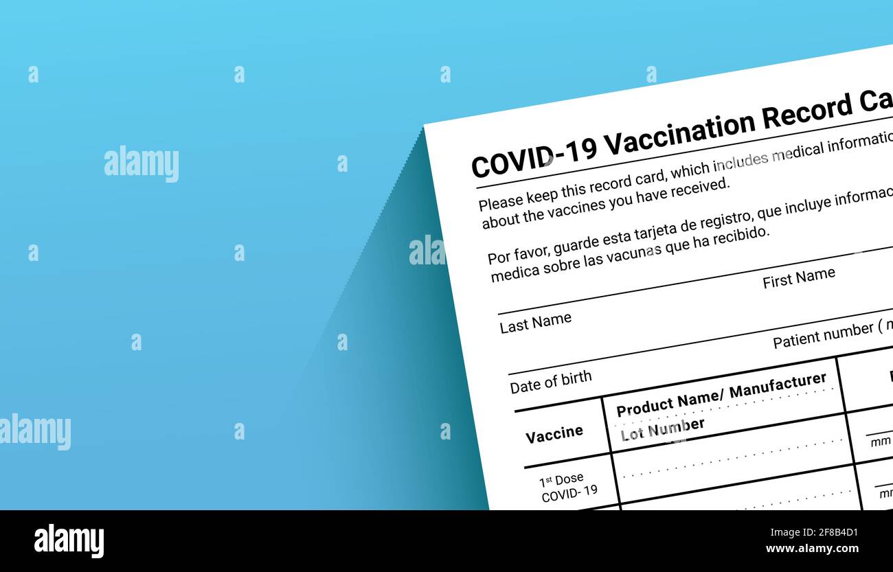 Scheda di registrazione della vaccinazione con coronavirus su sfondo blu con spazio di copia per viaggi e movimenti senza frontiere. Forma di vaccinazione durante il coronavi Illustrazione Vettoriale
