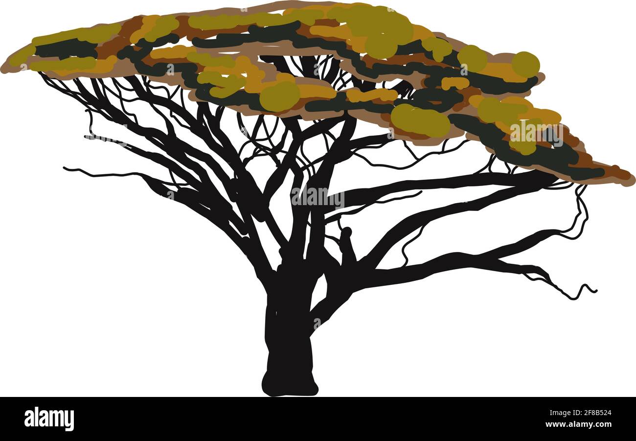 TENDENZA ETNICA. PITTURA IN STILE AFRICANO. Albero nella savana. Albero africano isolato su sfondo bianco. Illustrazione vettoriale. Illustrazione Vettoriale