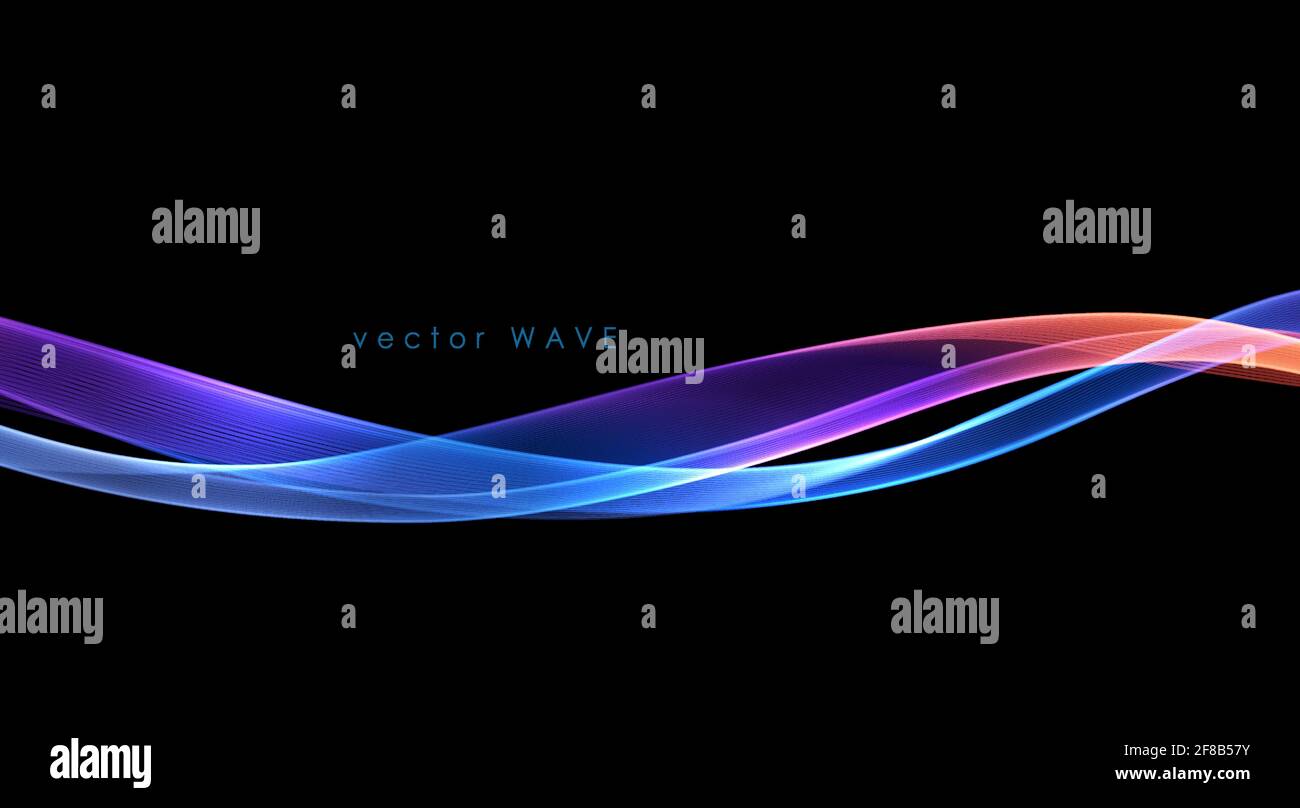 Vettore astratto linee colorate fluenti isolate su sfondo nero. Elemento di design per la tecnologia, la scienza, la musica o il concetto moderno. Illustrazione Vettoriale