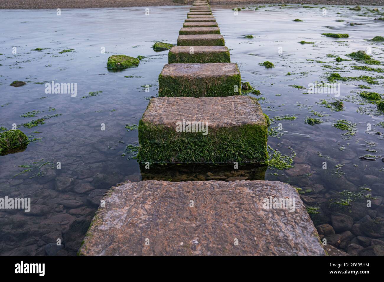 Three Cliffs Bay stepping pietre attraverso il fiume, la penisola di Gower, Swansea, Galles del Sud, Regno Unito Foto Stock